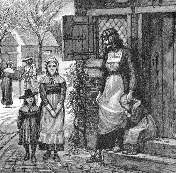 Літографія, що зображає покарання маскою ганьби жінки з Нової Англії за лайку. /Фото: en.wikipedia.org Литография, изображающая наказание маской позора женщины из Новой Англии за ругань. /Фото: en.wikipedia.org