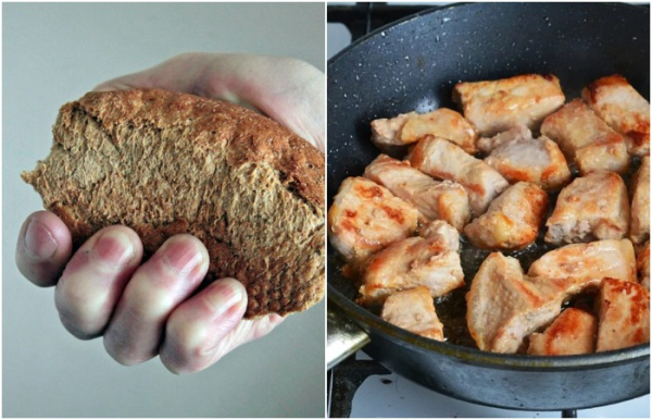 Покладіть у сковороду з м'ясом скоринку хліба Положите в сковороду с мясом корочку хлеба