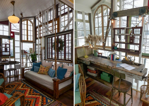 Колоритный интерьер в крошечном домике на дереве (Glasshouse Treehouse, США).