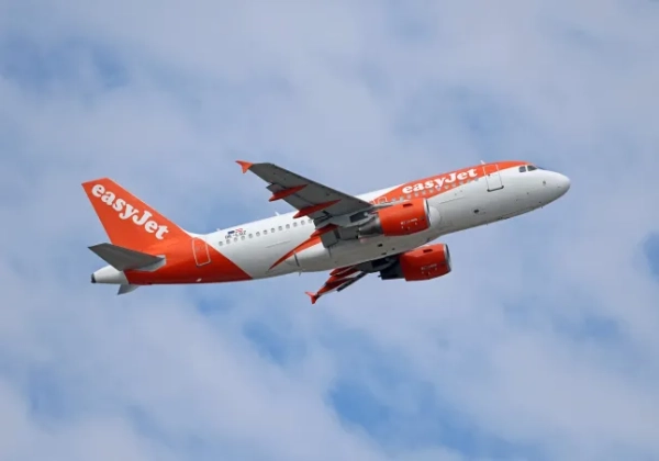 Літак easyJet злітає на тлі блакитного неба.