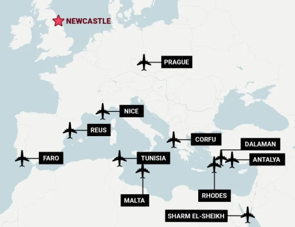 Easyjet запускає 11 нових маршрутів з Ньюкасла - карта