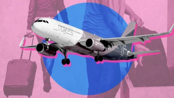 Колаж рейсу Wizz Air, чоловік кладе багаж у сайзер для кабіни, та жінка несе валізу.