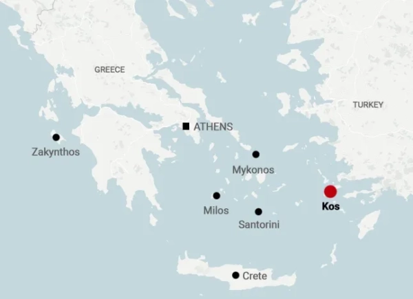 Мапа Греції з позначенням острова Кос