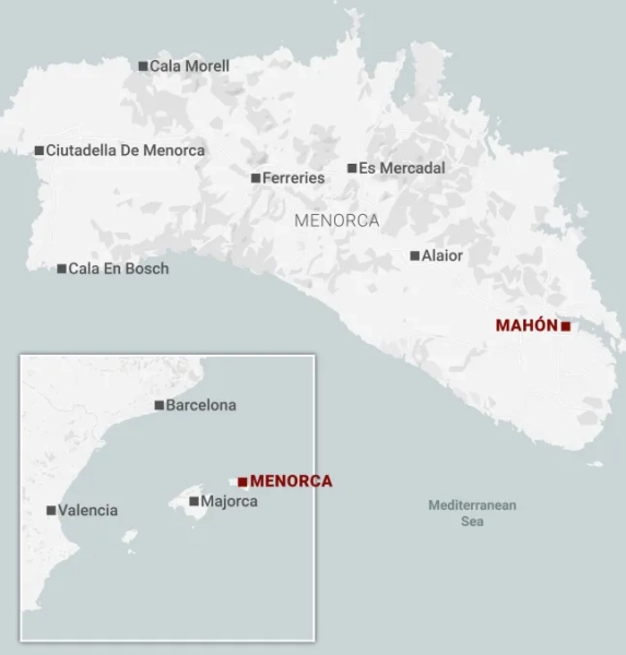 Мапа Менорки з точною точкою Маону та іншими Балеарськими островами навколо нього