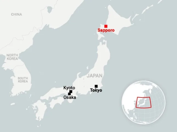 Карта Японії з позначенням Саппоро, Токіо, Осаки та Кіото