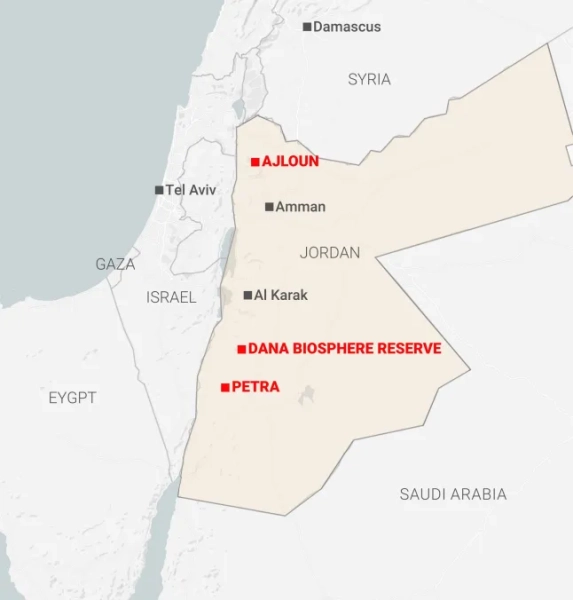 Карта Йорданії з позначенням ключових пам'яток, які відвідала Карен Едвардс