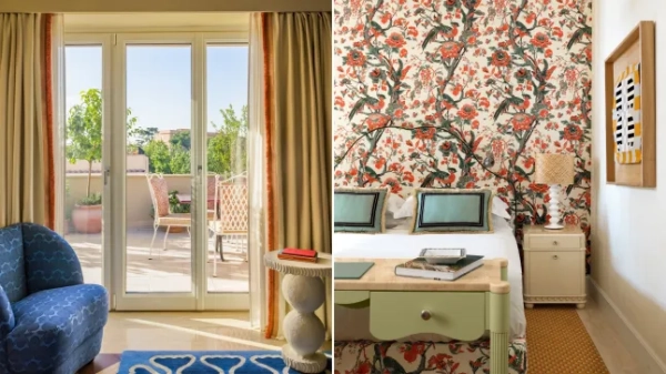 Ліворуч, вид з вікна спальні готелю Casa Monti в Римі, з іншого боку якого видно балкон і стільці. Праворуч, квіткові шпалери та ліжко в кімнаті.