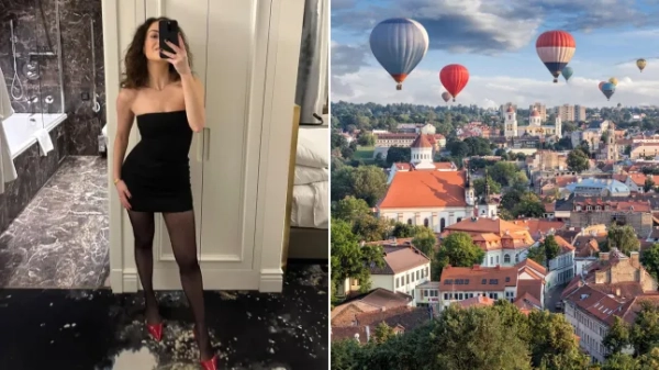 Еліс Мерфі у чорній сукні та червоних туфлях на підборах позує для селфі в дзеркалі (ліворуч), а повітряні кулі летять над горизонтом Вільнюса (праворуч).
