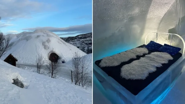 Зовнішній вигляд готелю Snow у Кіркенесі, Норвегія, та крижані ліжка всередині кімнат-іглу з оленячою шкірою та темно-синім матрацом зверху.