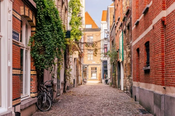 Брукована вулиця в Антверпені, Бельгія, з чарівними цегляними будинками та зеленню з обох боків. З одного боку припарковано велосипед.