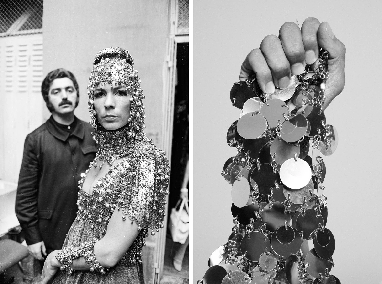 Spanish designer Paco Rabanne with model Isabelle Delfeld, 1967; the famous Rabanne chainmail held by Olivier Rousteing1