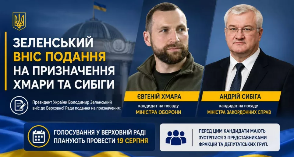 Зеленський подав до Ради кандидатури Євгенія Хмари та Андрія Сибіги на посади очільників Міноборони та МЗС1